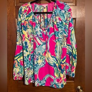 🌸Lilly Pulitzer Pink and Yellow Graphic Long Sleeve Blouse XL